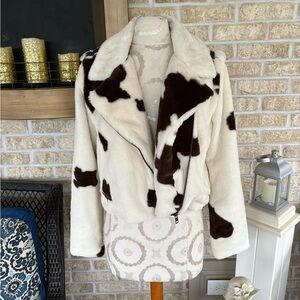 Forever 21 cream and brown fur animal print biker jacket size S